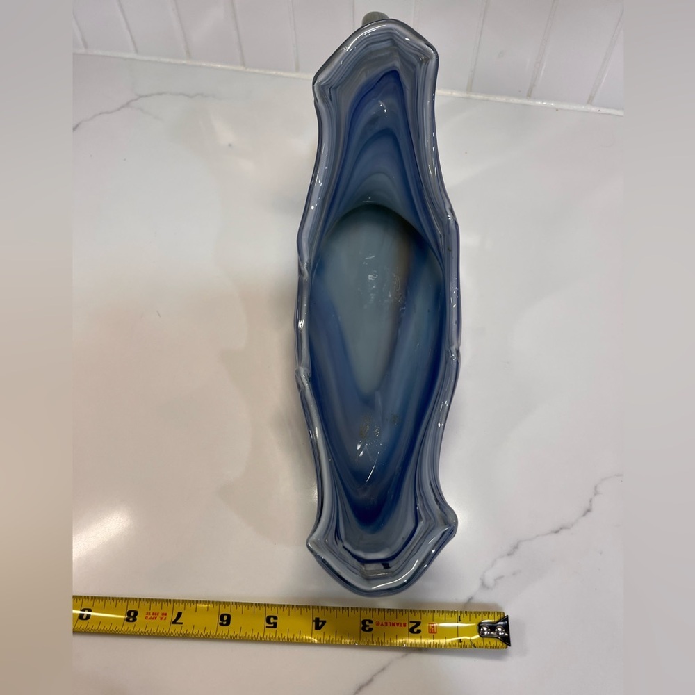 Sooner Art Glass Hand Blown Swirl Leaf Sleigh Cornucopia Display Blue Vintage - Picture 4 of 7
